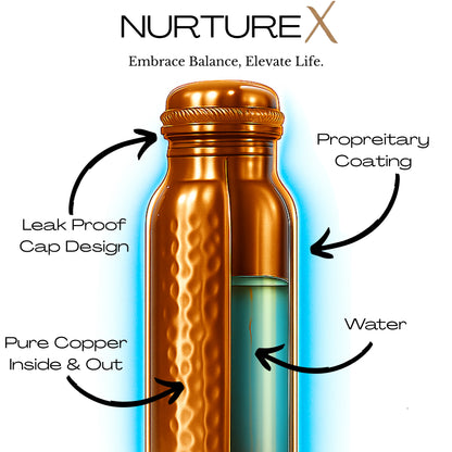 NurtureX Pure Copper Water Bottle 34 Oz. / 1 Litre (Hammered)