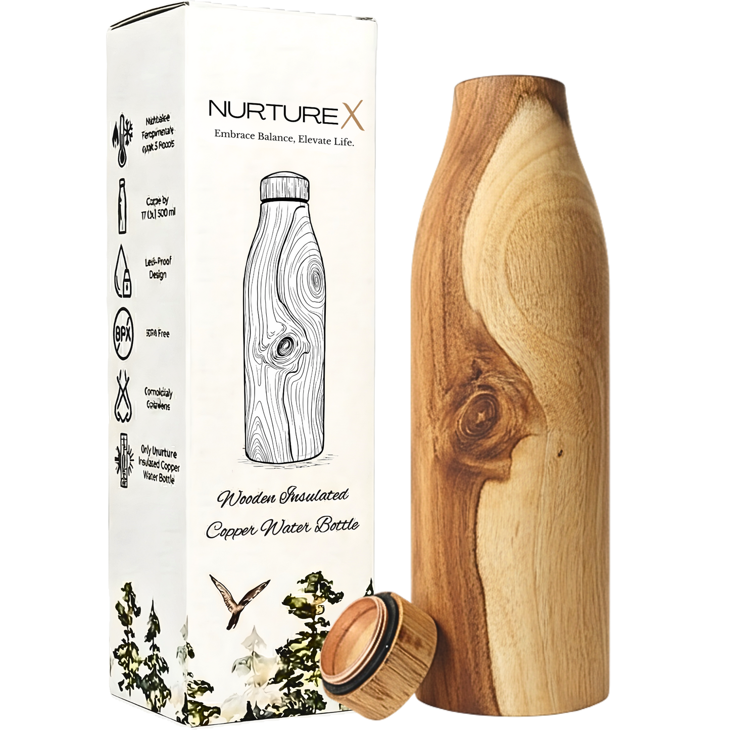Wooden Insulated Copper Water Bottle 17 Oz / 500 ml Handcrafted Teak Wood