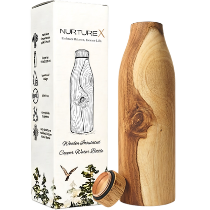 Wooden Insulated Copper Water Bottle 17 Oz / 500 ml Handcrafted Teak Wood