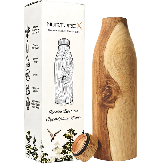 Wooden Insulated Copper Water Bottle 17 Oz / 500 ml Handcrafted Teak Wood