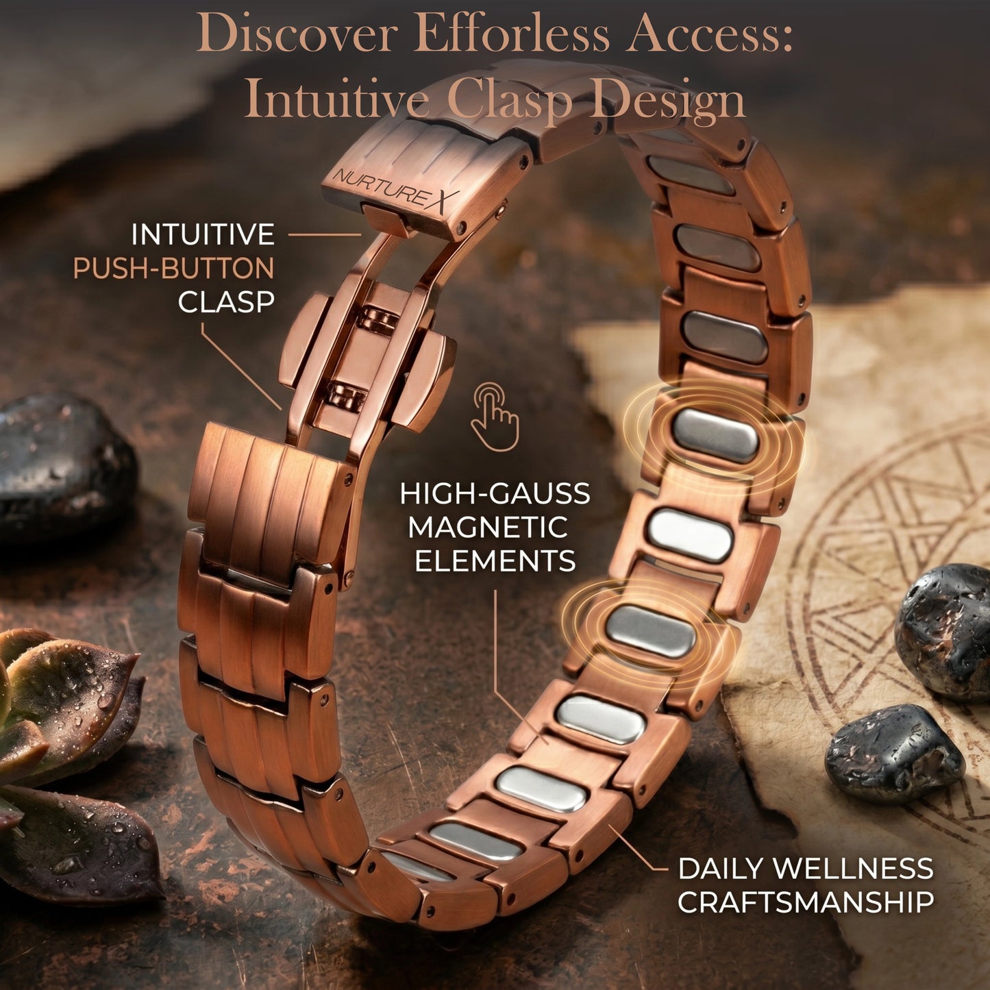 NurtureX BioFLOW Men's Pure Copper Magnetic Bracelet - Adjustable, 5K Gauss, Butterfly Clasp