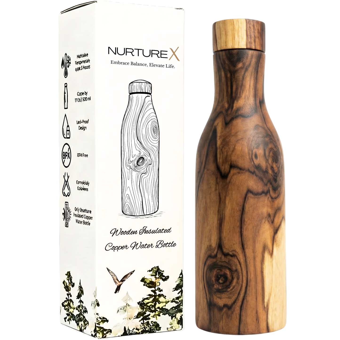 NurtureX Wooden Insulated Long Neck Copper Water Bottle 17 Oz / 500 ml Handcrafted Teakwood