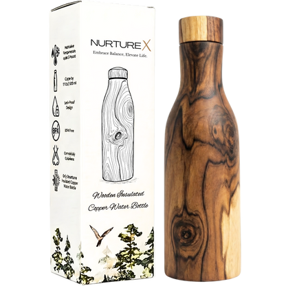 NurtureX Wooden Insulated Long Neck Copper Water Bottle 17 Oz / 500 ml Handcrafted Teakwood
