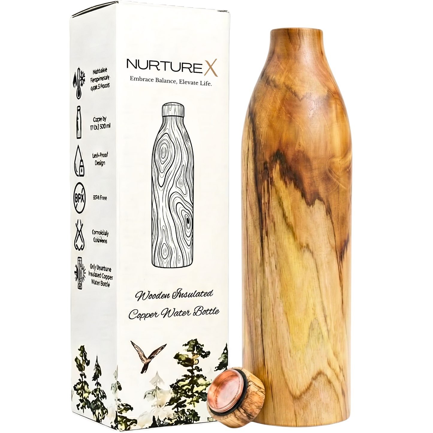 NurtureX Wooden Insulated Copper Water Bottle 32 Oz / 950 ml Handcrafted Teak Wood