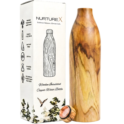 NurtureX Wooden Insulated Copper Water Bottle 32 Oz / 950 ml Handcrafted Teak Wood