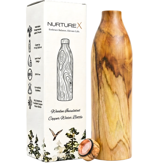 NurtureX Wooden Insulated Copper Water Bottle 32 Oz / 950 ml Handcrafted Teak Wood
