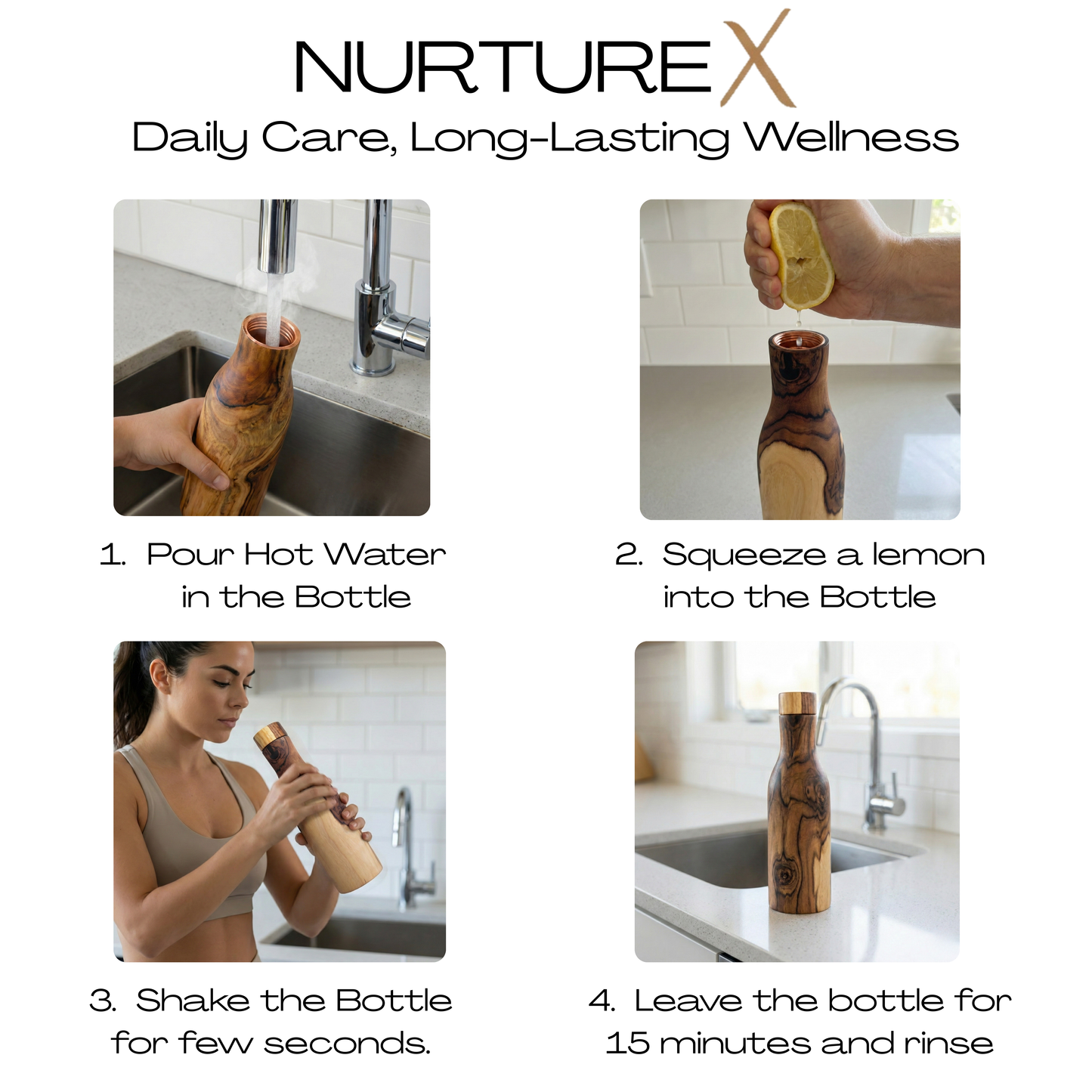 NurtureX Wooden Insulated Long Neck Copper Water Bottle 17 Oz / 500 ml Handcrafted Teakwood