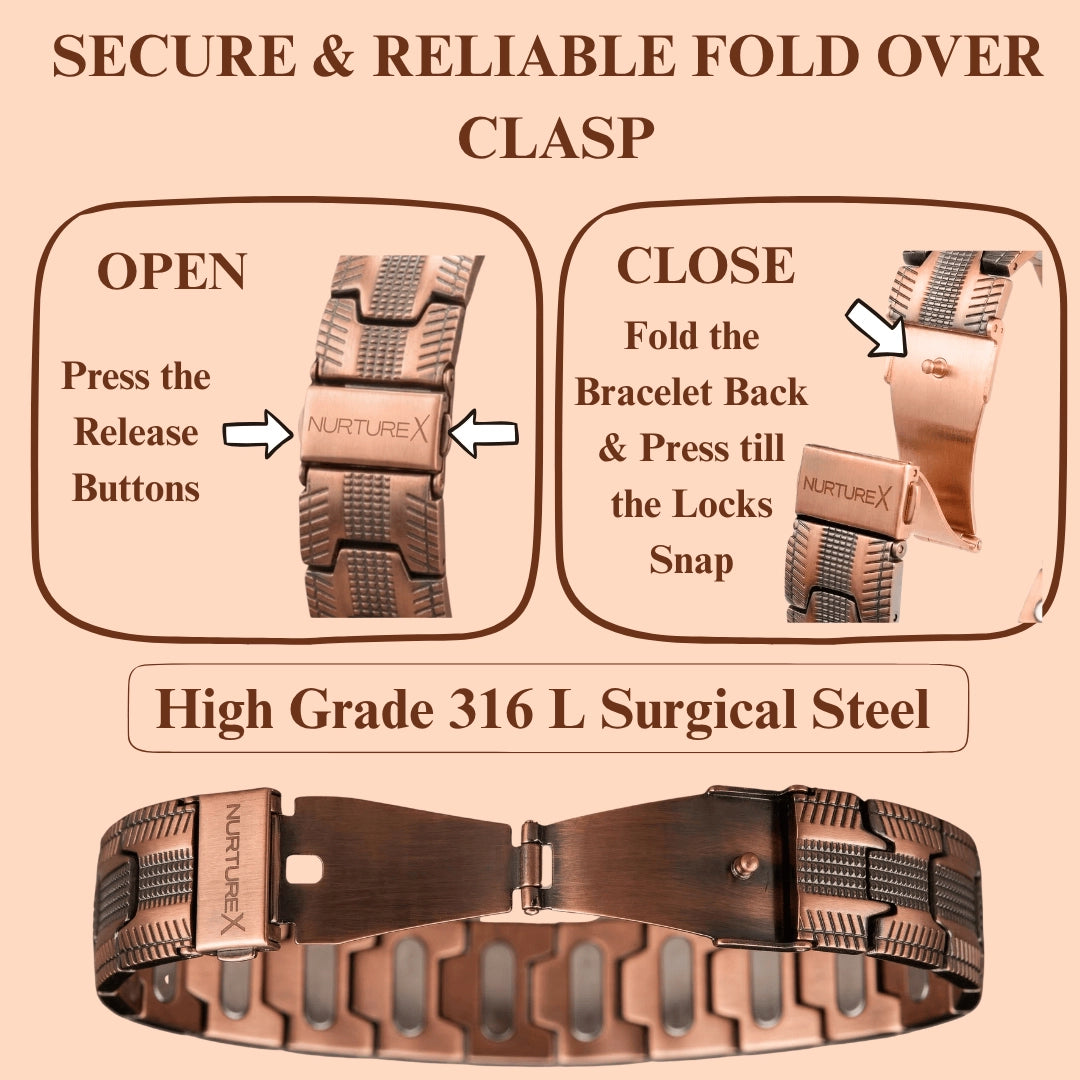 NurtureX BioFLOW Max Men's Pure Copper Magnetic Bracelet - Adjustable, 10K Gauss, Fold Over Clasp