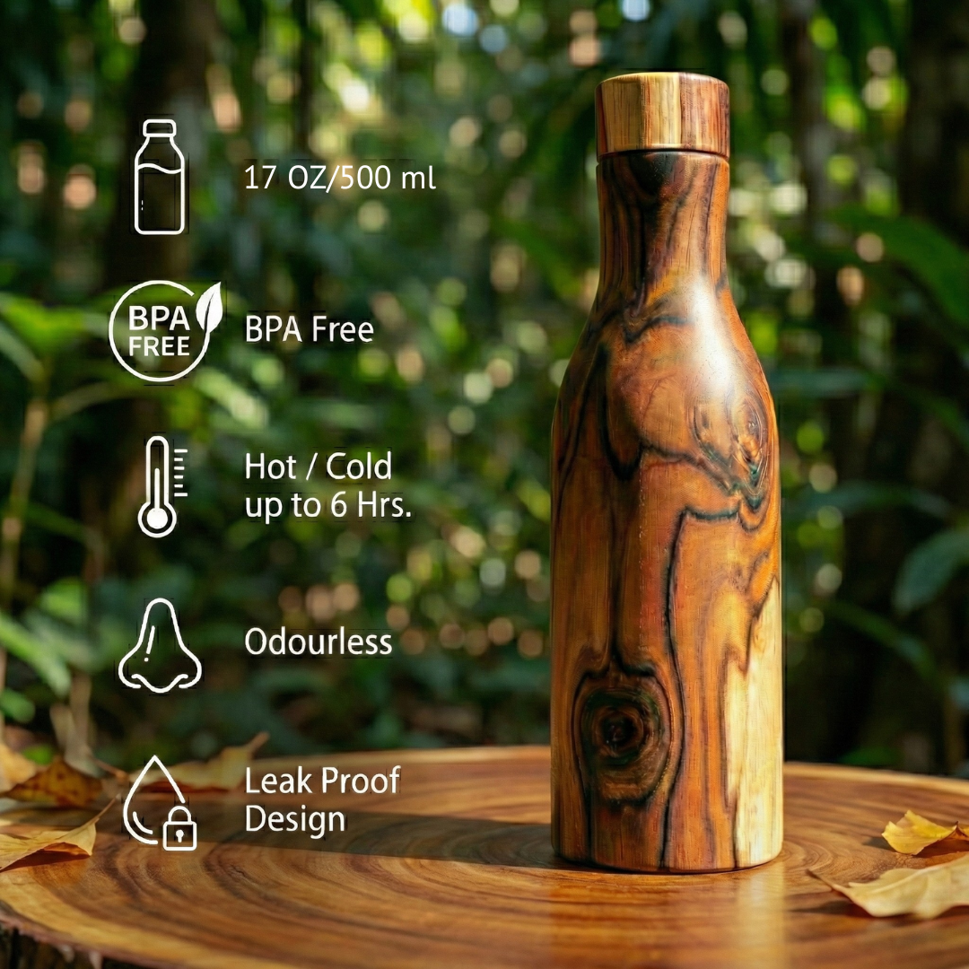NurtureX Wooden Insulated Long Neck Copper Water Bottle 17 Oz / 500 ml Handcrafted Teakwood