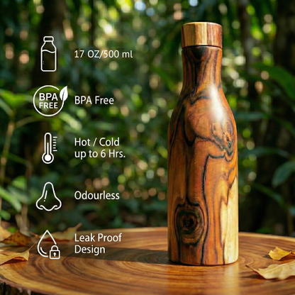 NurtureX Wooden Insulated Long Neck Copper Water Bottle 17 Oz / 500 ml Handcrafted Teakwood