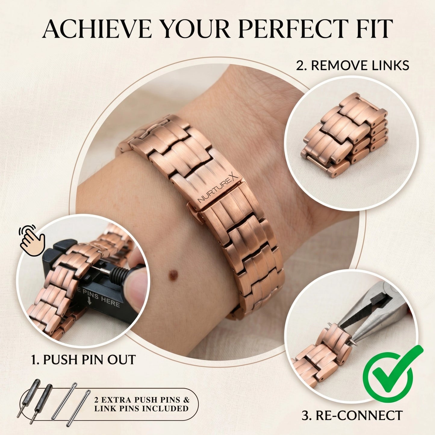 NurtureX BioFLOW Men's Pure Copper Magnetic Bracelet - Adjustable, 5K Gauss, Butterfly Clasp