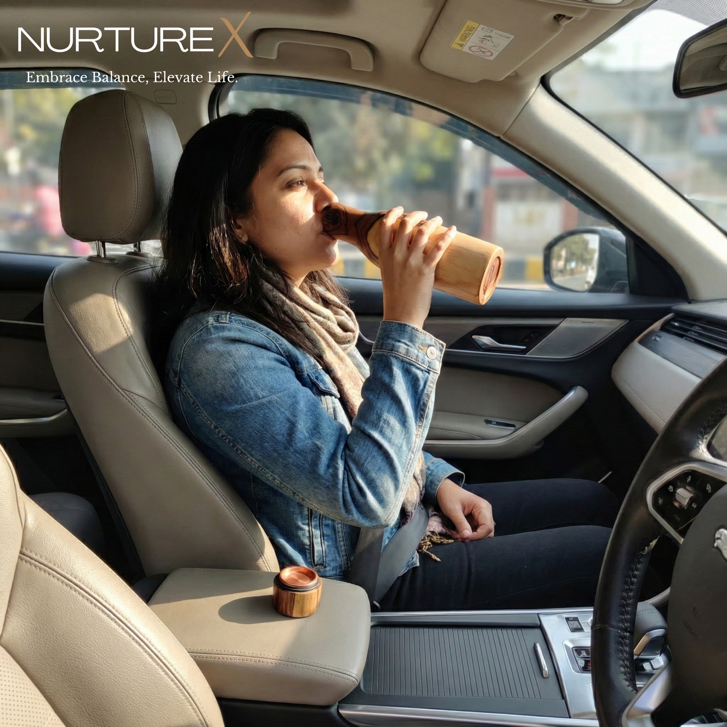 NurtureX Wooden Insulated Long Neck Copper Water Bottle 17 Oz / 500 ml Handcrafted Teakwood