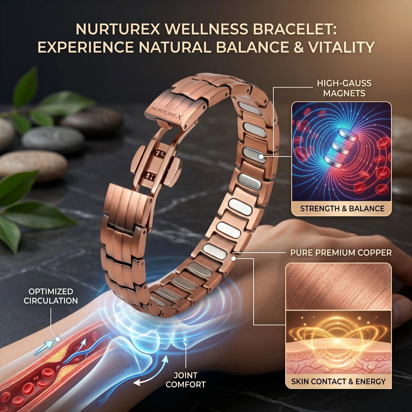 NurtureX BioFLOW Men's Pure Copper Magnetic Bracelet - Adjustable, 5K Gauss, Butterfly Clasp