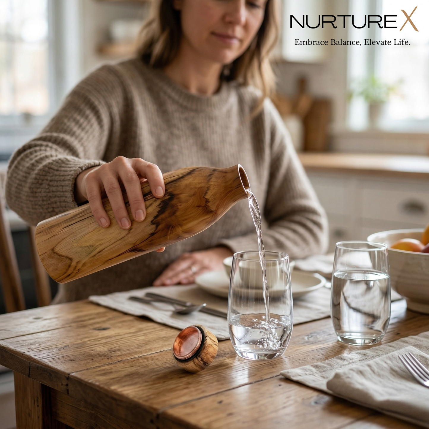 NurtureX Wooden Insulated Copper Water Bottle 32 Oz / 950 ml Handcrafted Teak Wood