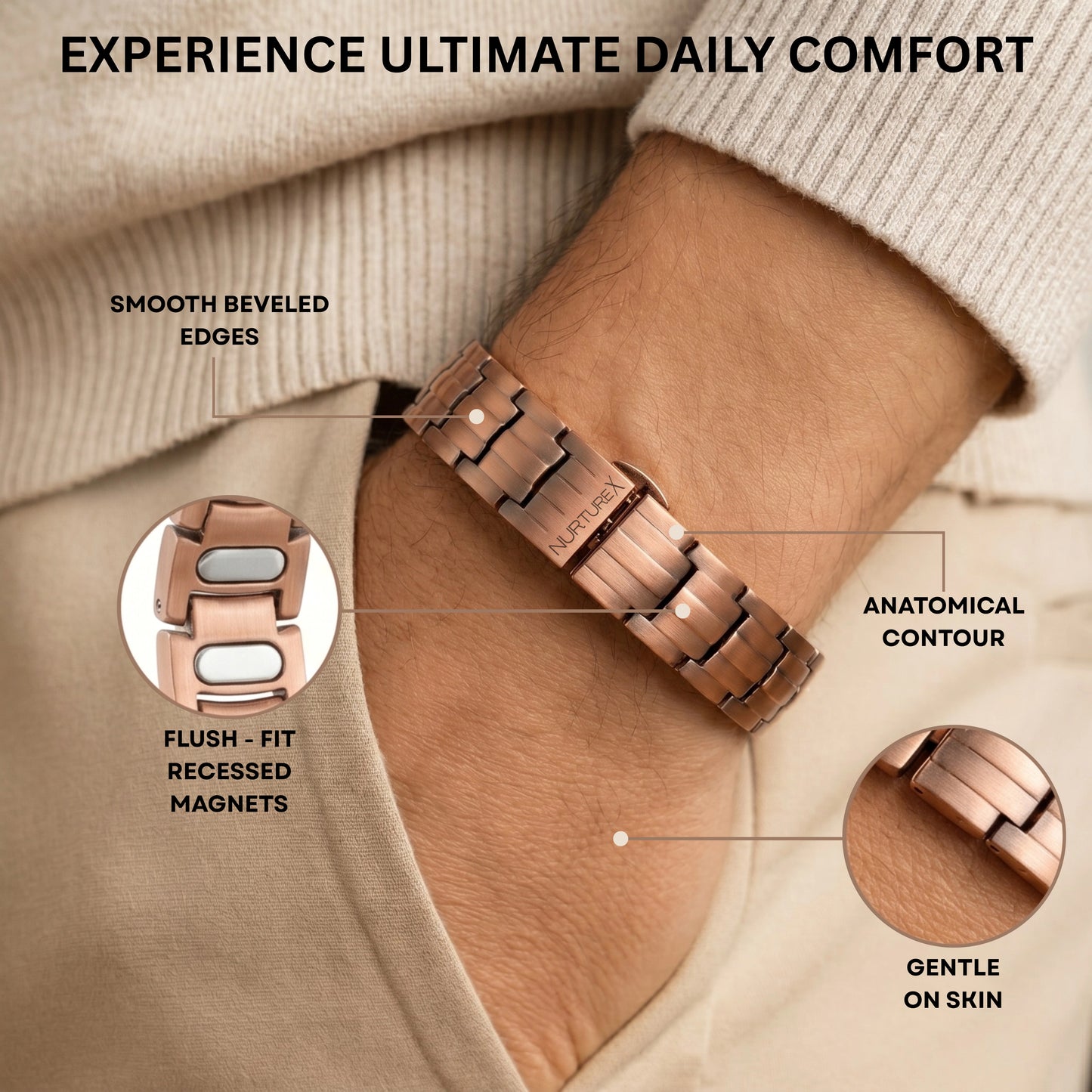NurtureX BioFLOW Men's Pure Copper Magnetic Bracelet - Adjustable, 5K Gauss, Butterfly Clasp