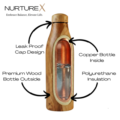 Wooden Insulated Copper Water Bottle 17 Oz / 500 ml Handcrafted Teak Wood