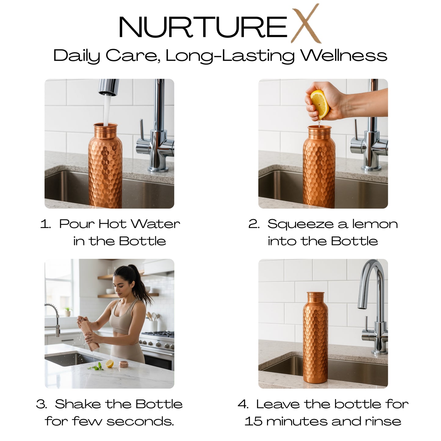 NurtureX Pure Copper Water Bottle 34 Oz. / 1 Litre (Hammered)