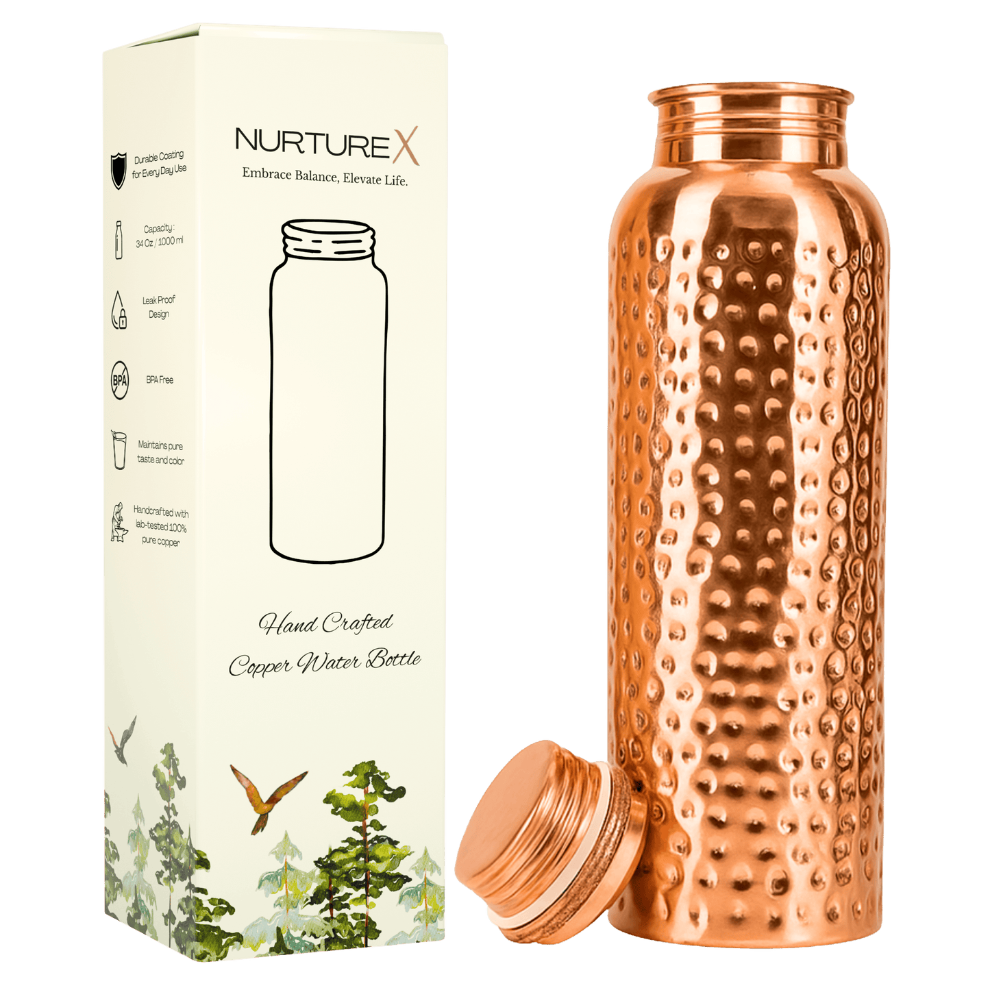 NurtureX Hammered Pure Copper Water Bottle 34 Oz. / 1 Litre