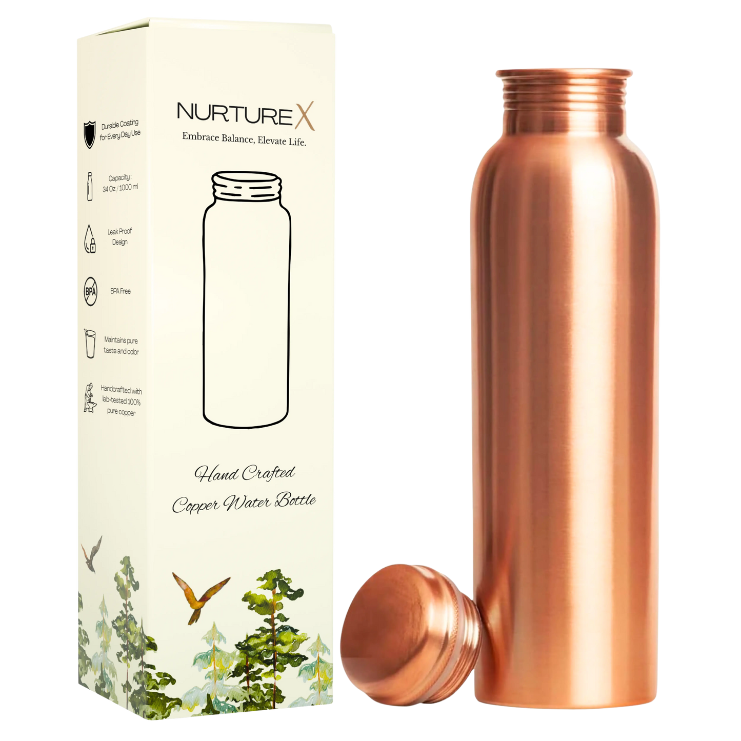 NurtureX Pure Copper Water Bottle 34 Oz. / 1 Litre (Smooth)