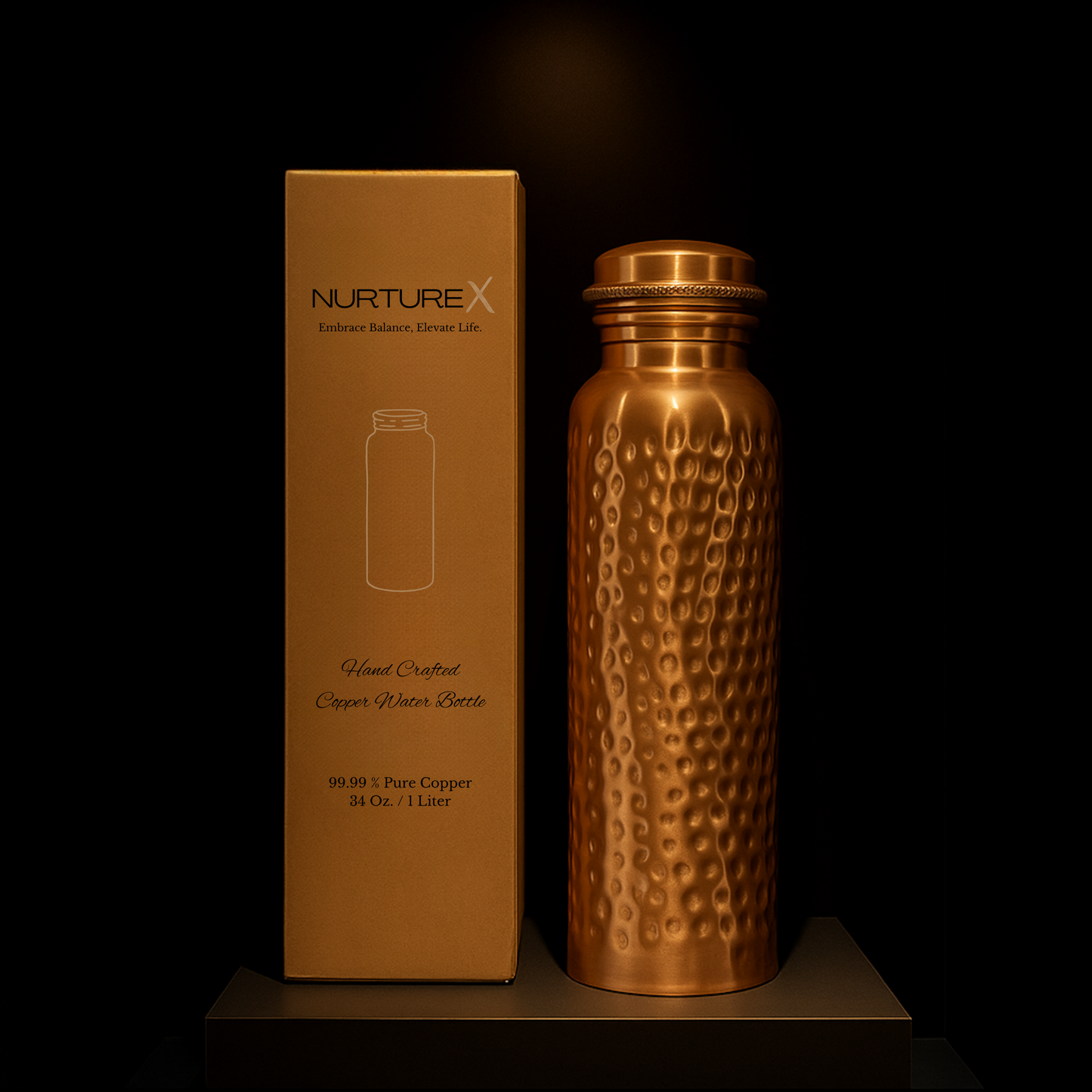 NurtureX Hammered Pure Copper Water Bottle 34 Oz. / 1 Litre