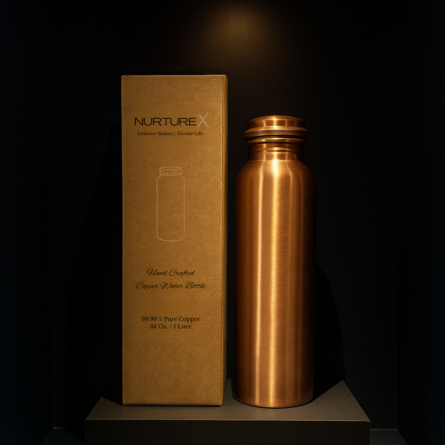 NurtureX Smooth Pure Copper Water Bottle 34 Oz. / 1 Litre